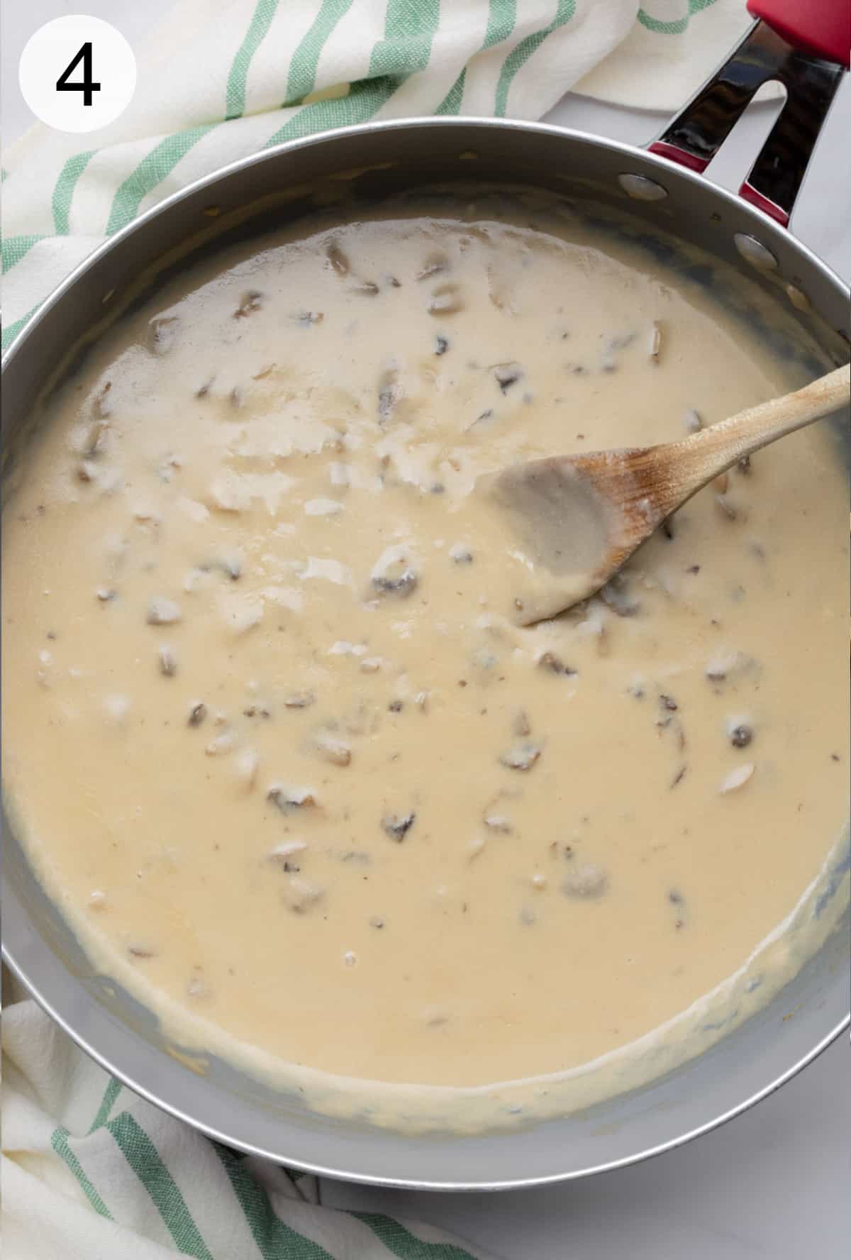 Homemade vegan mushroom gravy in a large pan.
