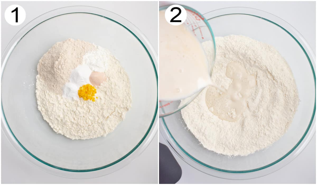 Two process shots of a bowl of dry ingredients and then non-dairy milk being poured into the bowl.
