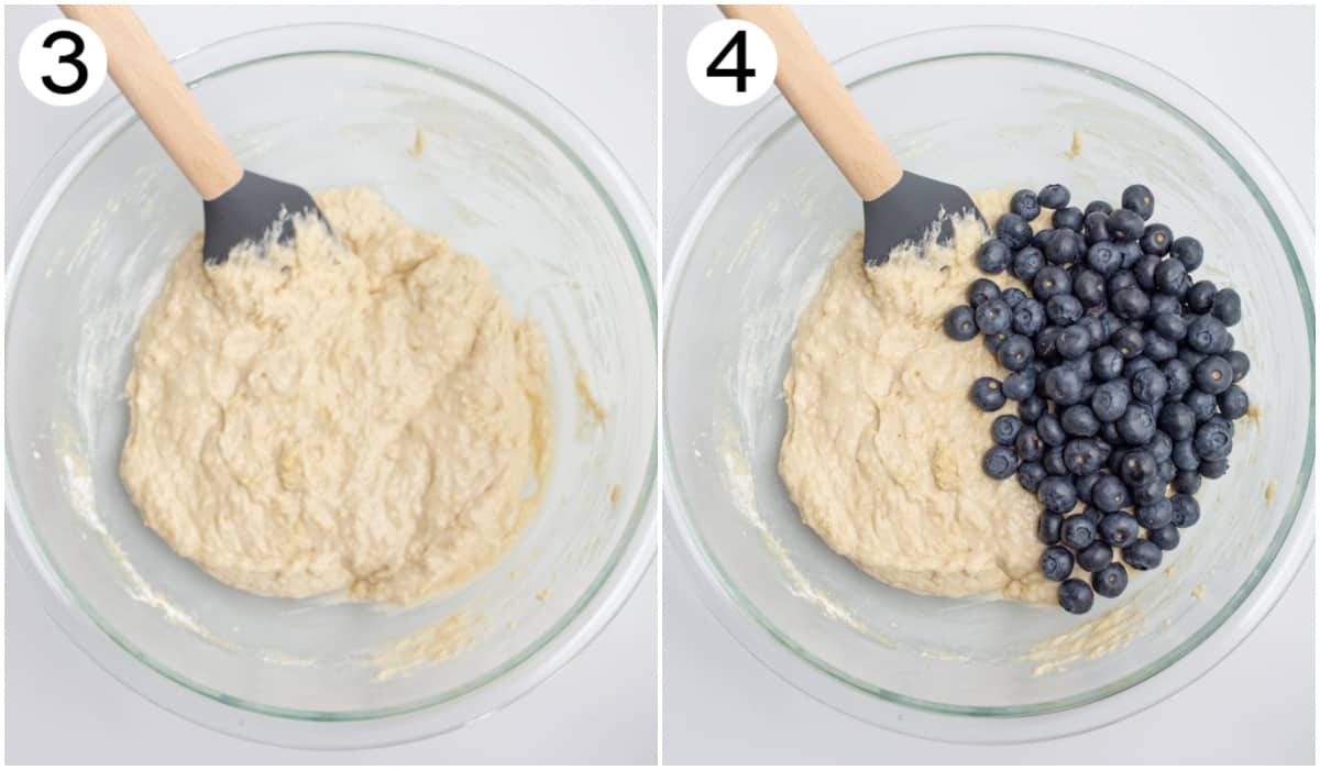 Vegan blueberry muffin batter in a glass bowl before mixing in the blueberries.