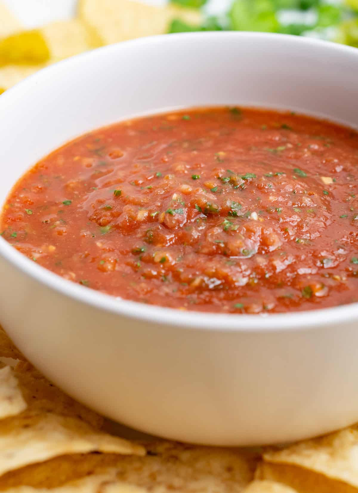 Easy restaurant style salsa in a white bowl.