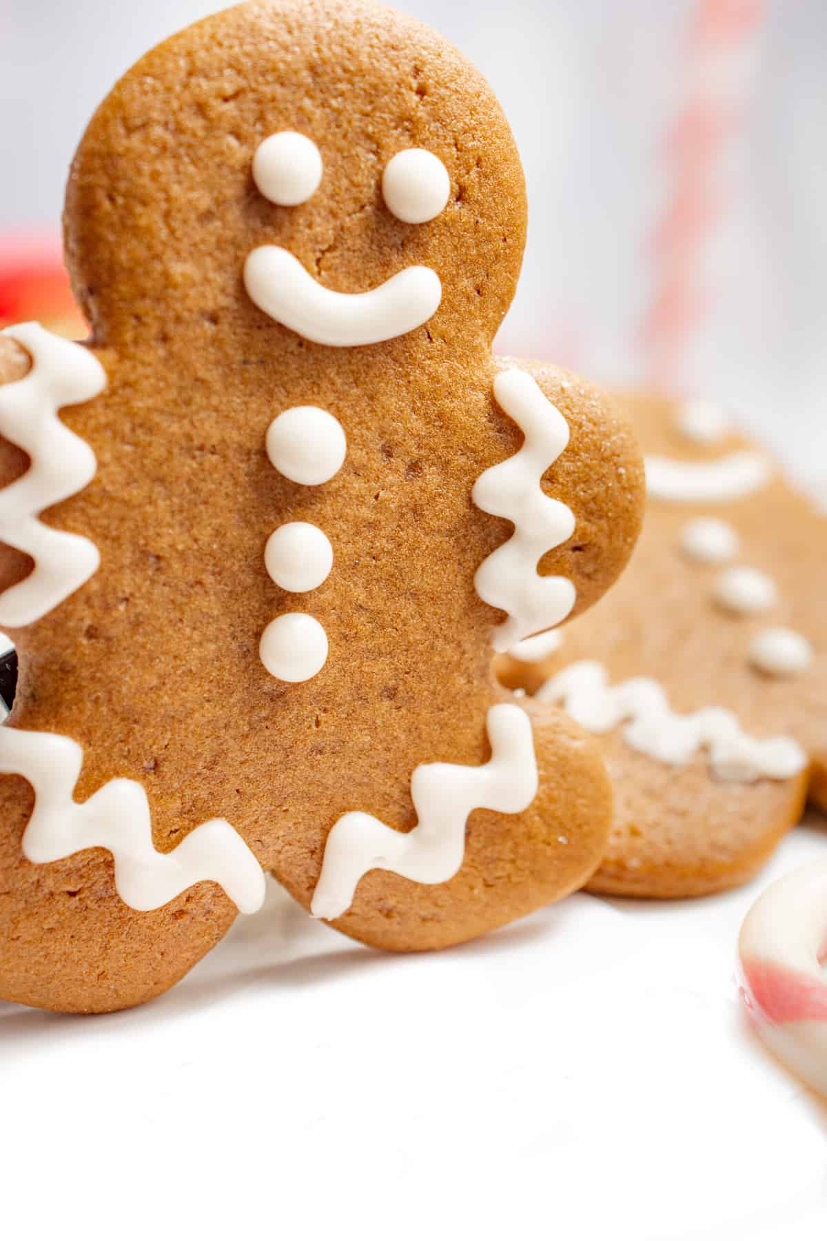 A decorated vegan gingerbread cookie standing up.