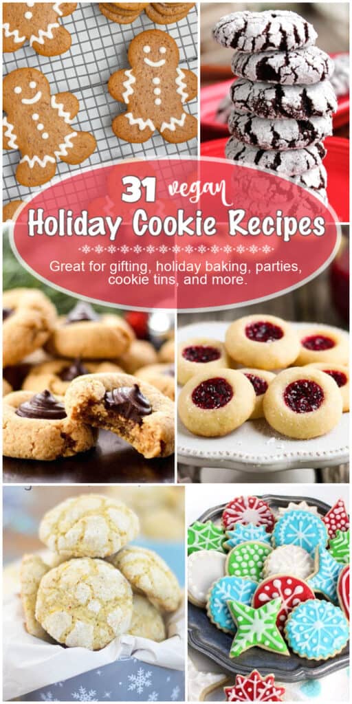 A collage of vegan Christmas cookies including decorated sugar cookies, gingerbread cookies, thumbprint cookies, and crinkle cookies.