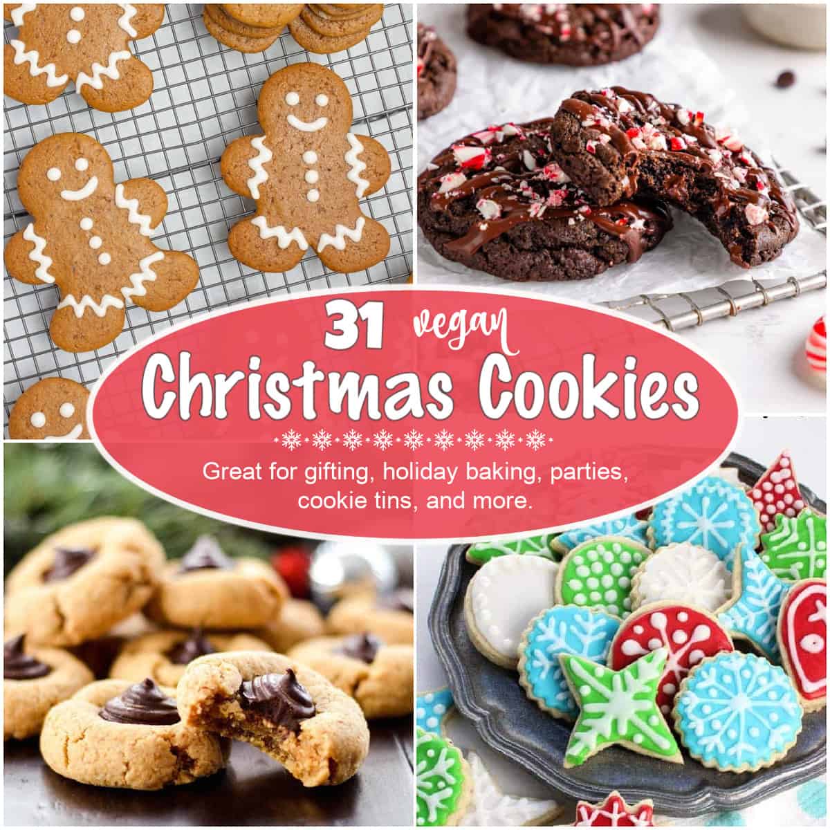 A collage of vegan Christmas cookies including decorated sugar cookies, gingerbread cookies, thumbprint cookies, and chocolate candy cane cookies.