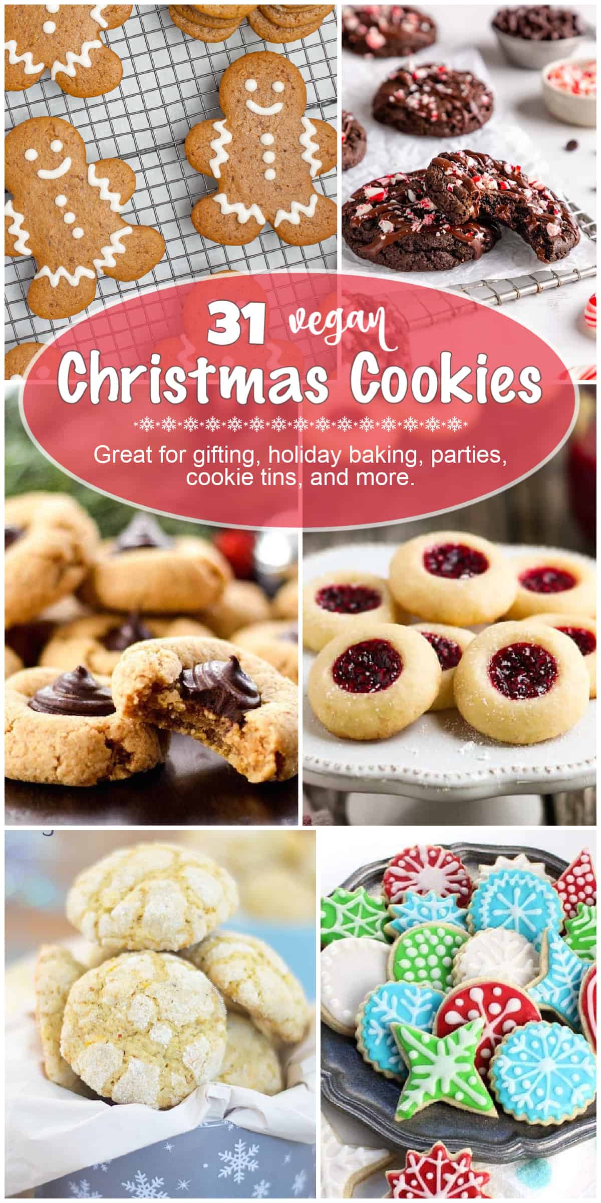 A collage of vegan Christmas cookies including decorated sugar cookies, gingerbread cookies, thumbprint cookies, and chocolate candy cane cookies.