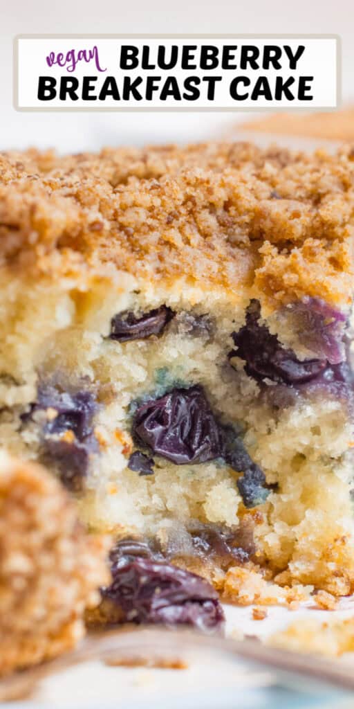 A slice of vegan blueberry coffee cake with a piece removed with a fork.