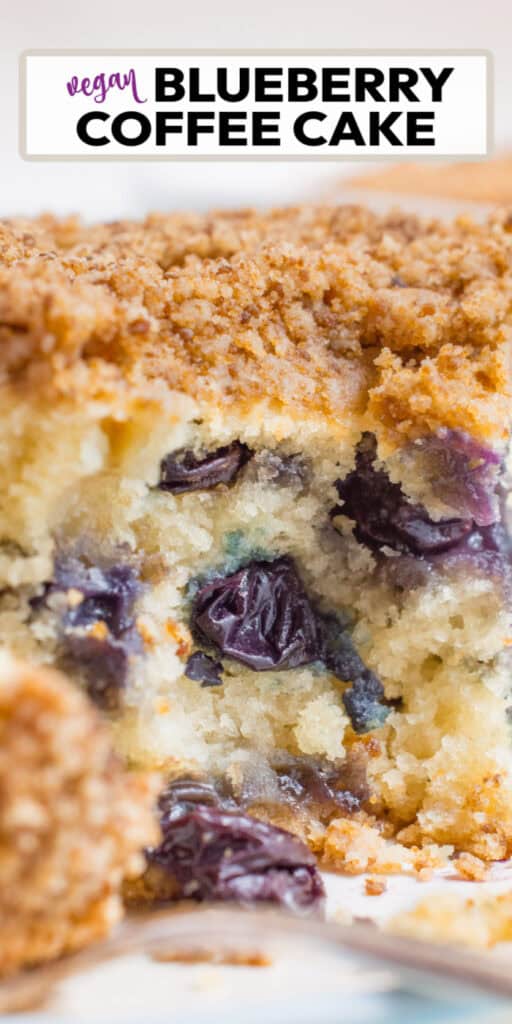 Vegan blueberry coffee cake topped with streusel and a bite removed.