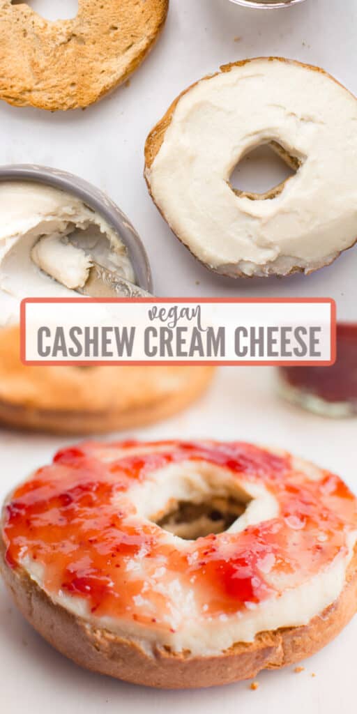 Collage of a bagel spread with cashew cream cheese and a bagel spread with cream cheese and strawberry jam.
