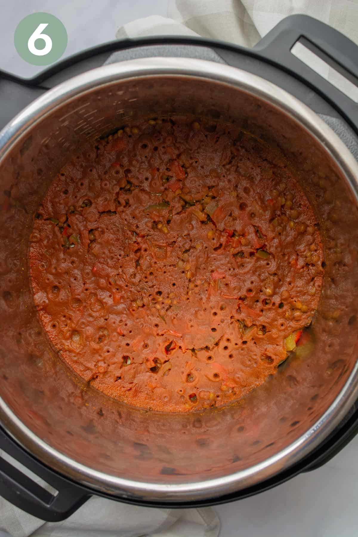 Cooked tomato sauce and lentils in the Instant Pot.