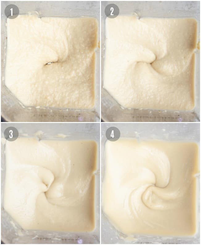 Blending process of cashew frosting going from grainy to smooth.