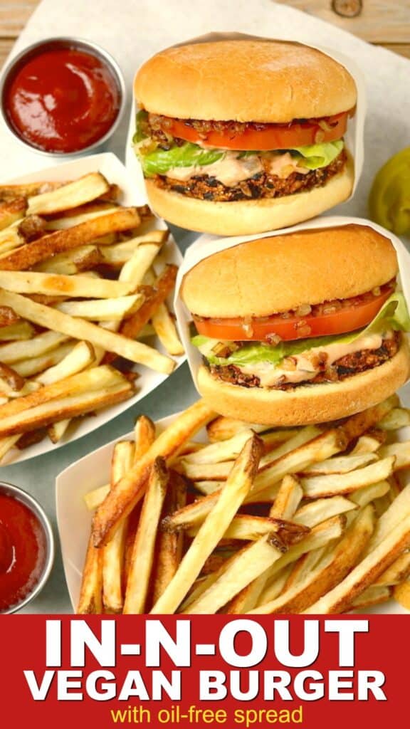 Two vegan copycat in-n-out burgers with spread, grilled onions, lettuce, tomato, and a side of fries.