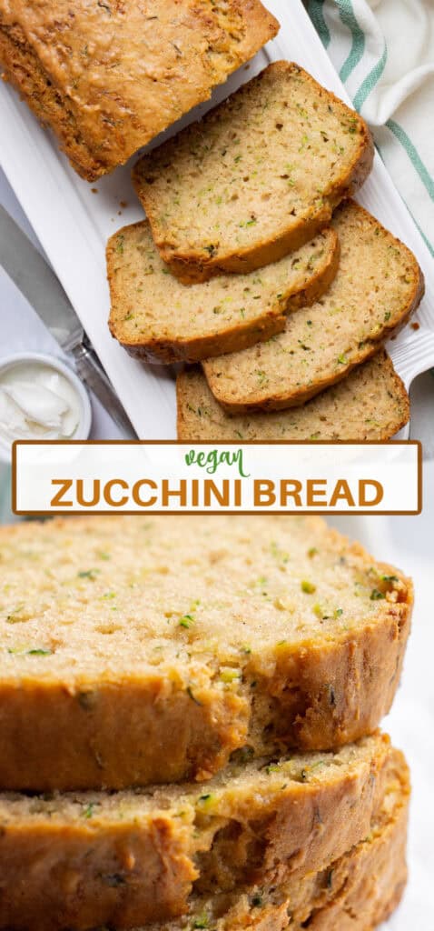 slices of vegan zucchini bread cut from the loaf and stacked.
