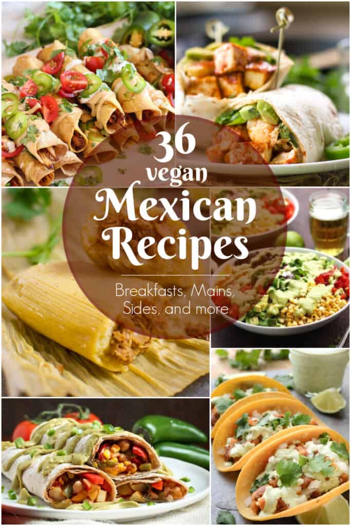 A collage of vegan Mexican food including tacos, tamales, salad, burrito and taquitos..