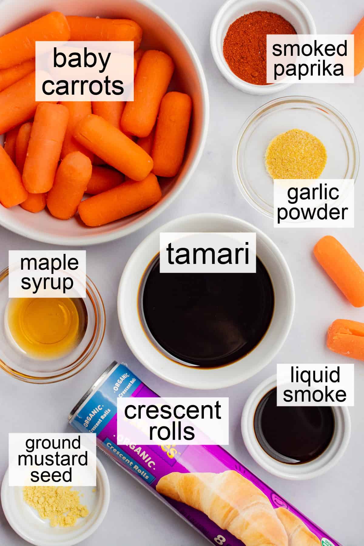 Ingredients separated in different bowls and labeled.