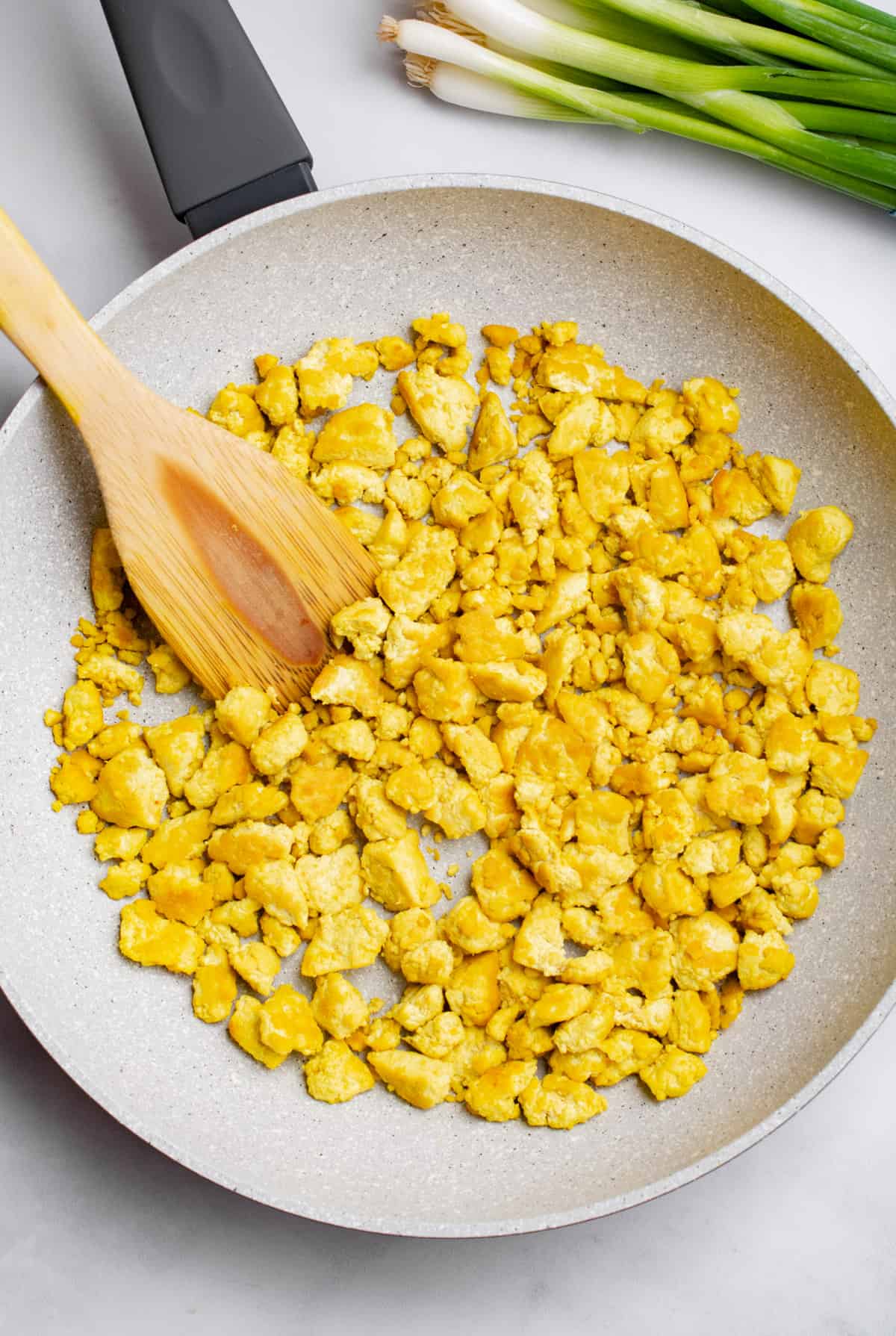 A pan with cooked tofu scramble.