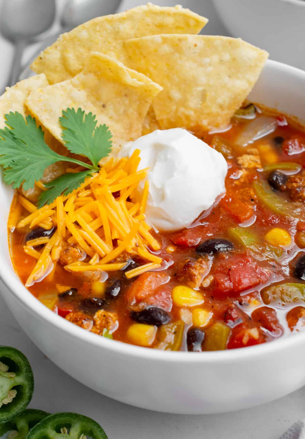 Close up of a bowl of vegan Mexican soup with taco toppings.