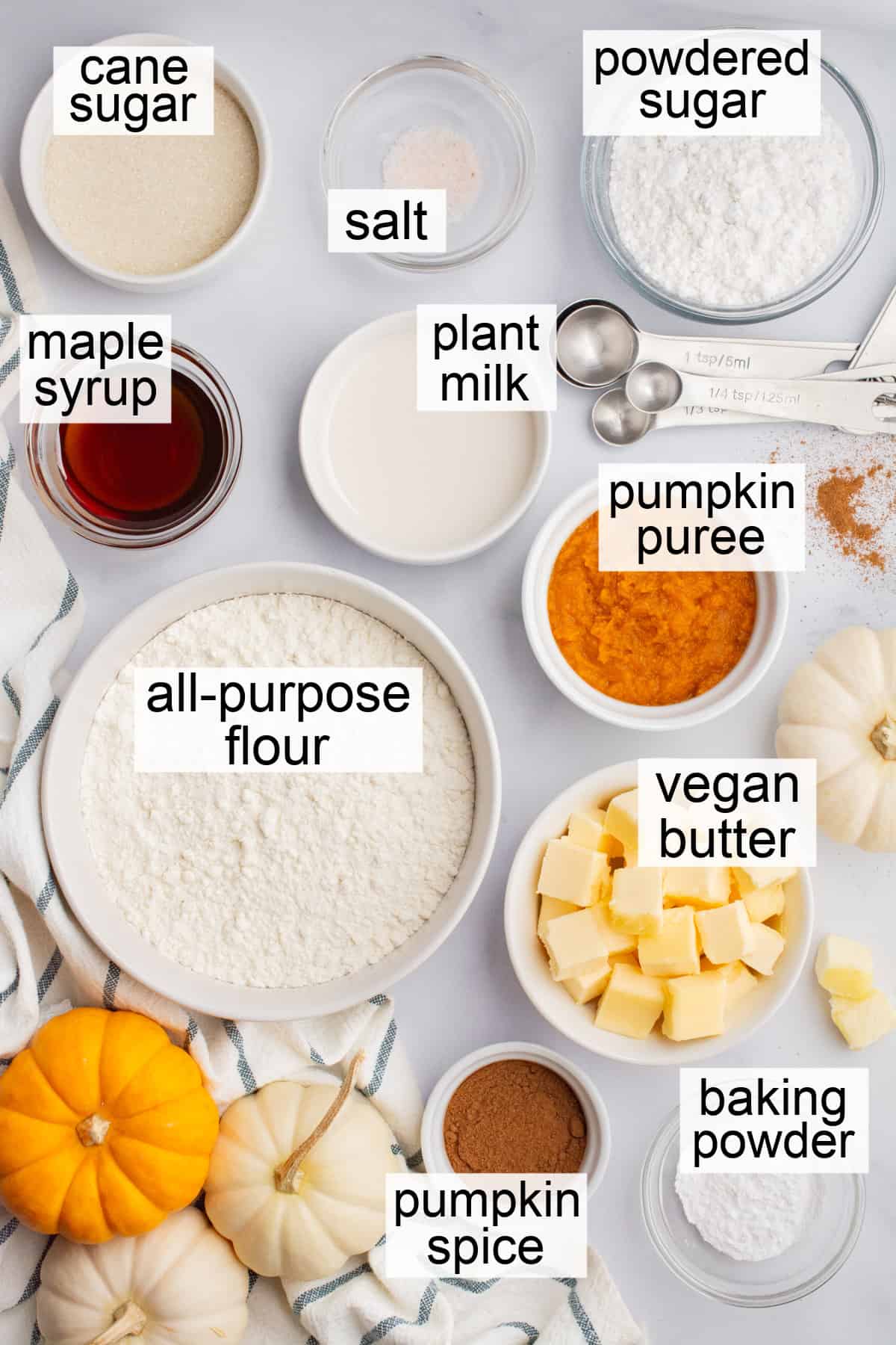 Bowls of ingredients to make vegan pumpkin scones.