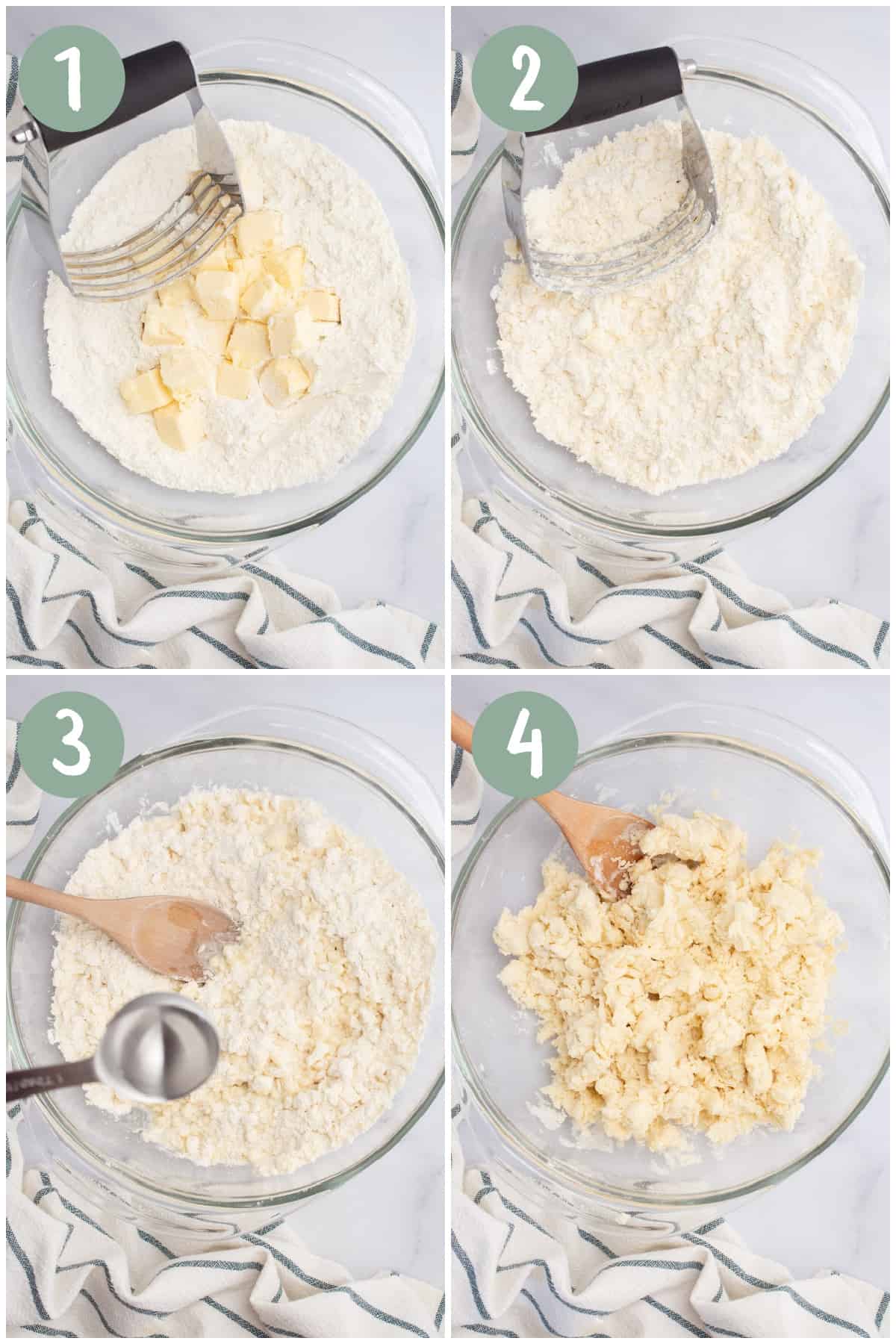 Collage of 4 steps to make pie crust. Cutting in the butter and mixing in the water.