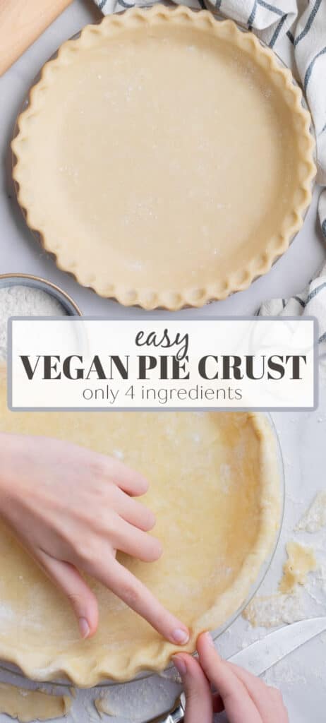 A two image collage of a vegan pie crust edge being formed and the pie crust with a fluted edge.