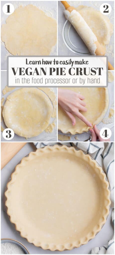 Step-by-step numbered images of a vegan pie crust being rolled out, placed in a pie plate, excess dough trimmed, edges being crimped and the final pie crust .