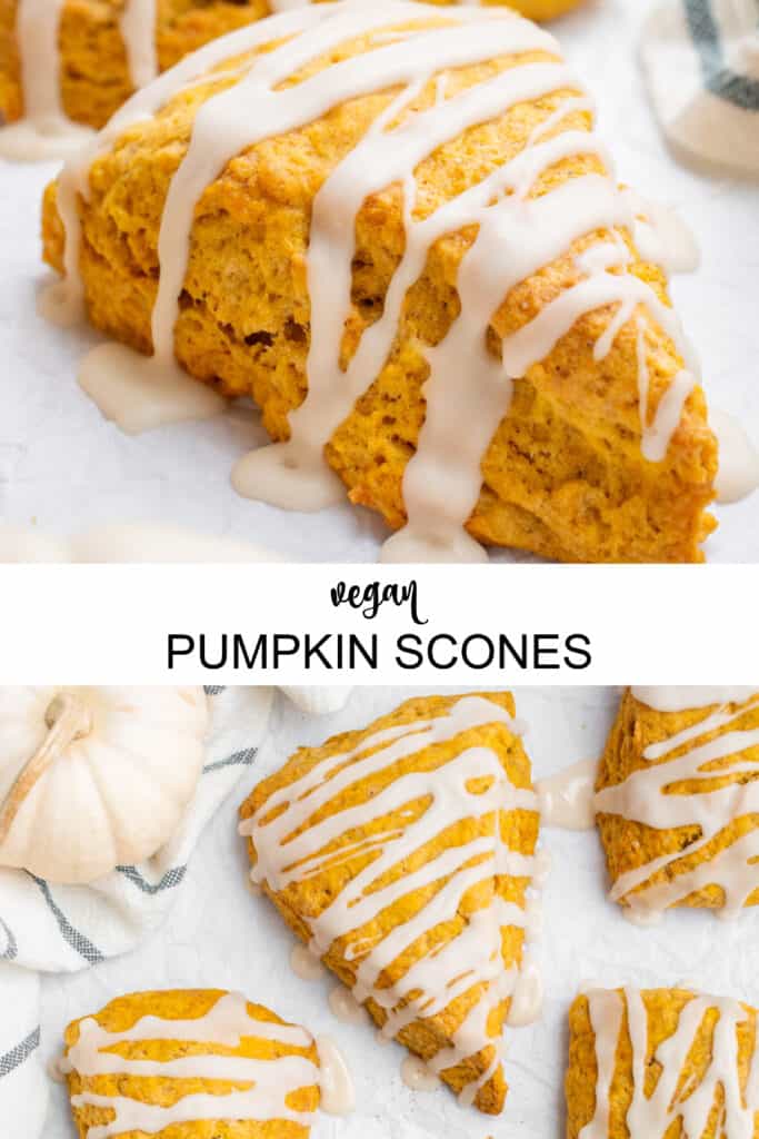 Collage of vegan pumpkin scones topped with glaze.