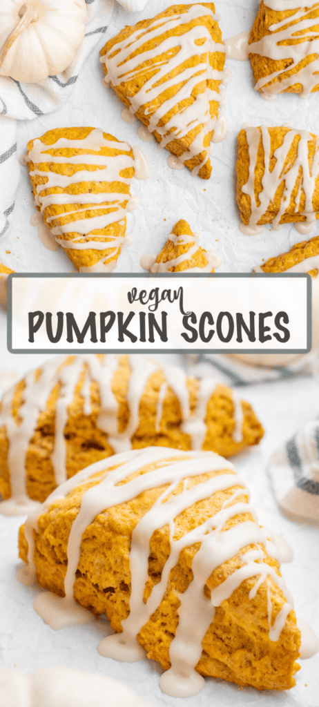 A collage of vegan pumpkin scones drizzled with glaze. One image shows a top angle of 3 scones and the other shows a side angle of one scone.