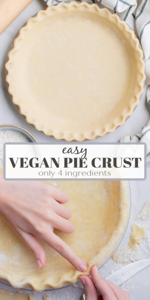 A two image collage of a vegan pie crust edge being formed and the pie crust with a fluted edge.