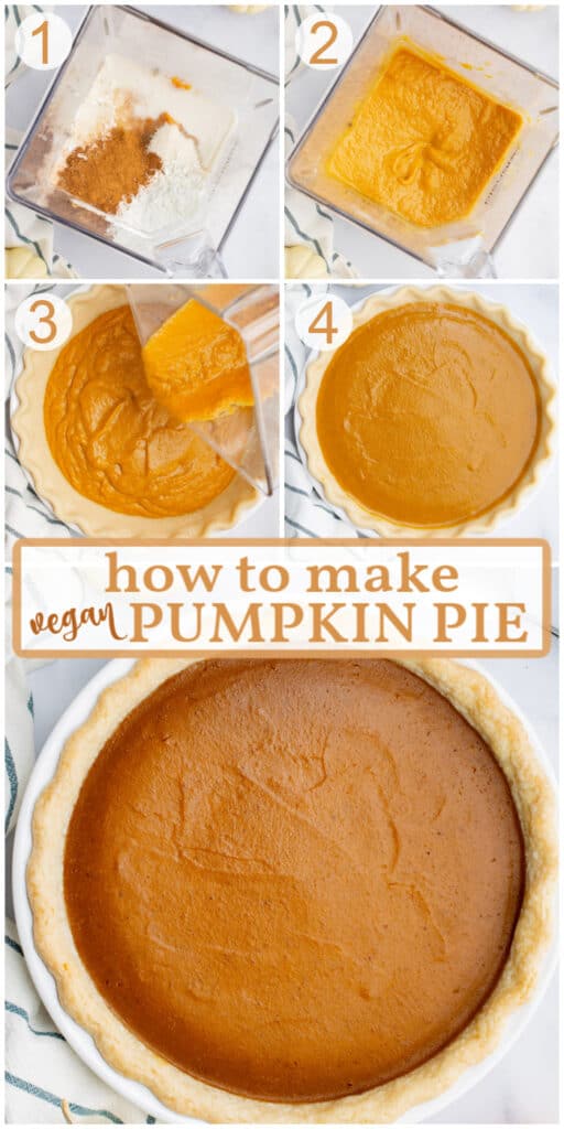 Collage of five images to make vegan pumpkin pie in a blender. Ingredients in the blender, ingredients after blending, filling being poured into an unbaked pie shell, the complete pie before baking, and the pie after baking.