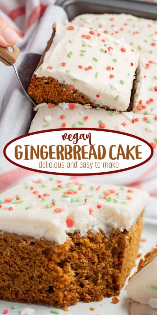 Collage of a slice of vegan gingerbread cake being removed from the pan and a slice on a plate with a bite removed with a fork.