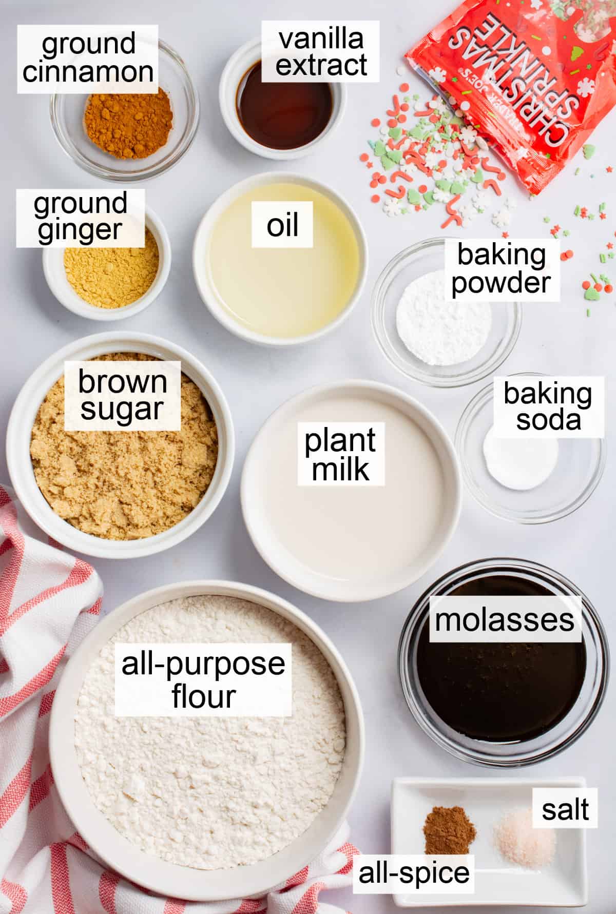 Ingredients in bowls to make vegan gingerbread cake.