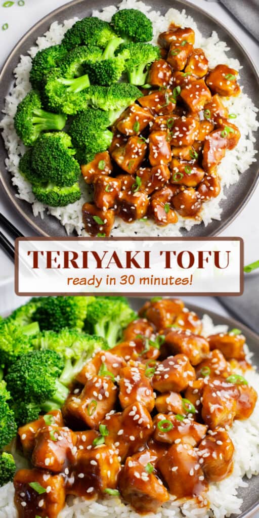 Collage of teriyaki tofu on a plate with white rice and steamed broccoli.
