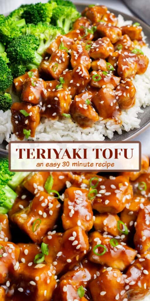Two images of teriyaki tofu on a plate with white rice and a close up of the tofu.