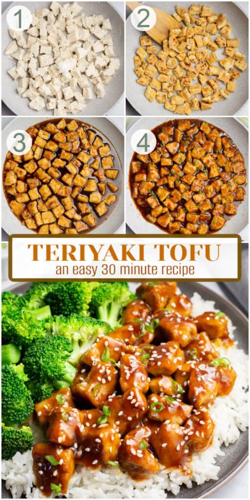 For steps cooking tofu in a pan and adding teriyaki sauce. And another image with the tofu on white rice.