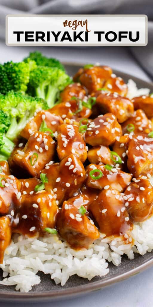 White rice topped with teriyaki tofu and steamed broccoli.