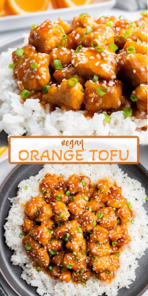 Two images of plated orange tofu on a bed of white rice.