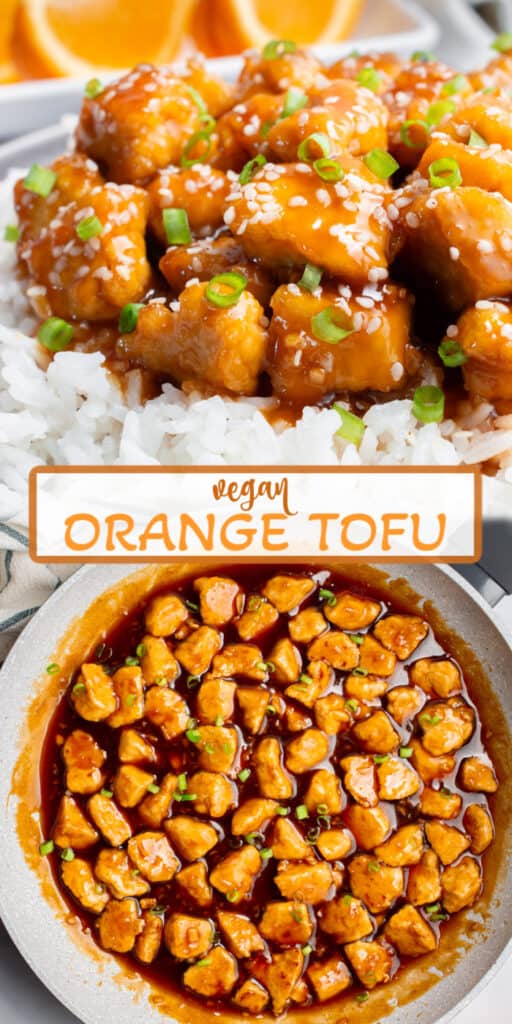 Two images of orange tofu, one plated with white rice and the other with orange sauce in a large pan.