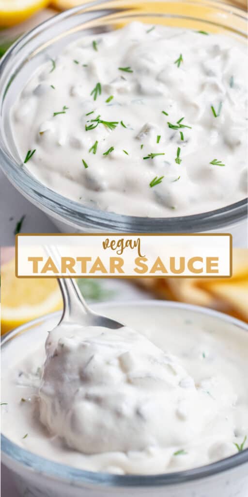 Images of vegan tartar sauce in a bowl with a spoon and a spoon scooping up some sauce.