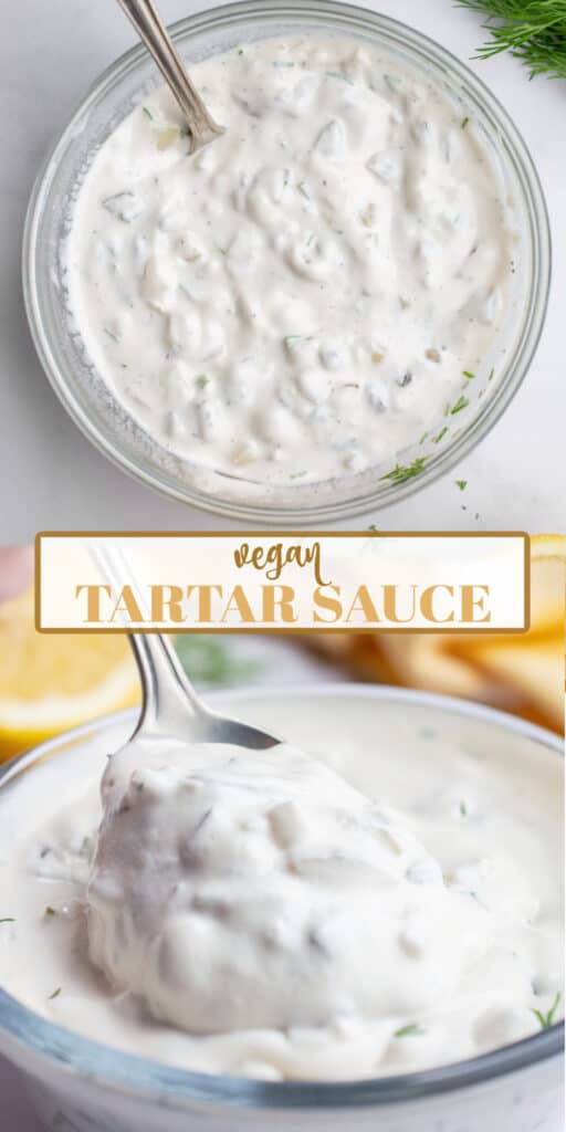 mages of vegan tartar sauce in a bowl topped with fresh chopped dill.