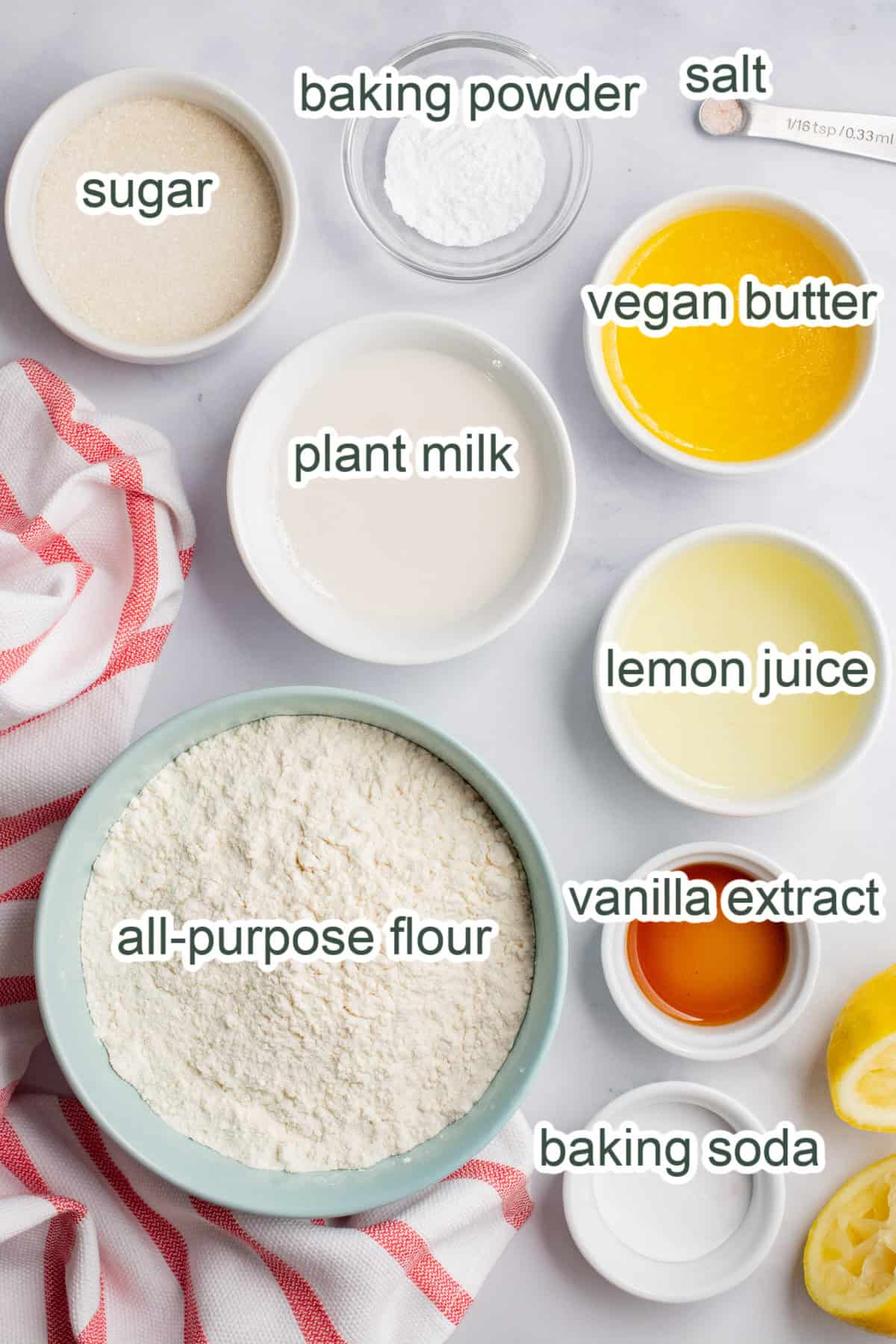 Ingredients in bowls needed to make vegan buttermilk pancakes.