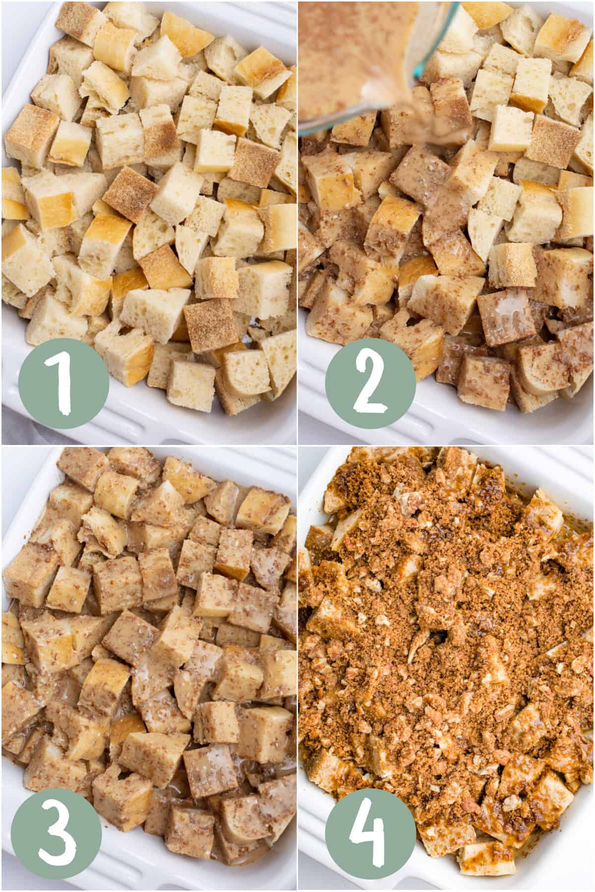 Process images of cubed bread in a dish, custard poured over the bread, bread covered in custard, and pecan crumble topping on top.