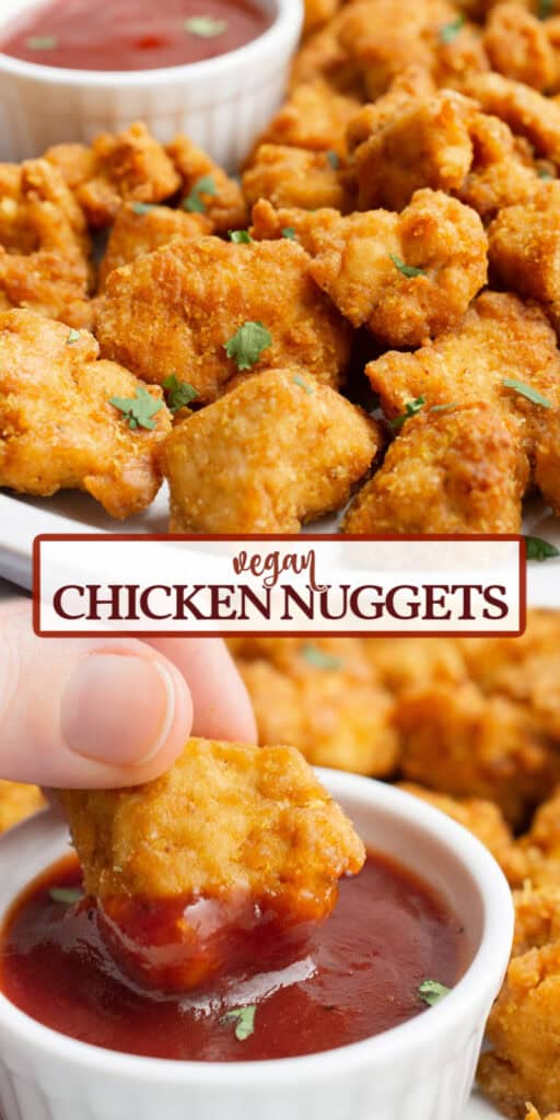 tofu chicken nuggets on a plate and one dipped in sauce.