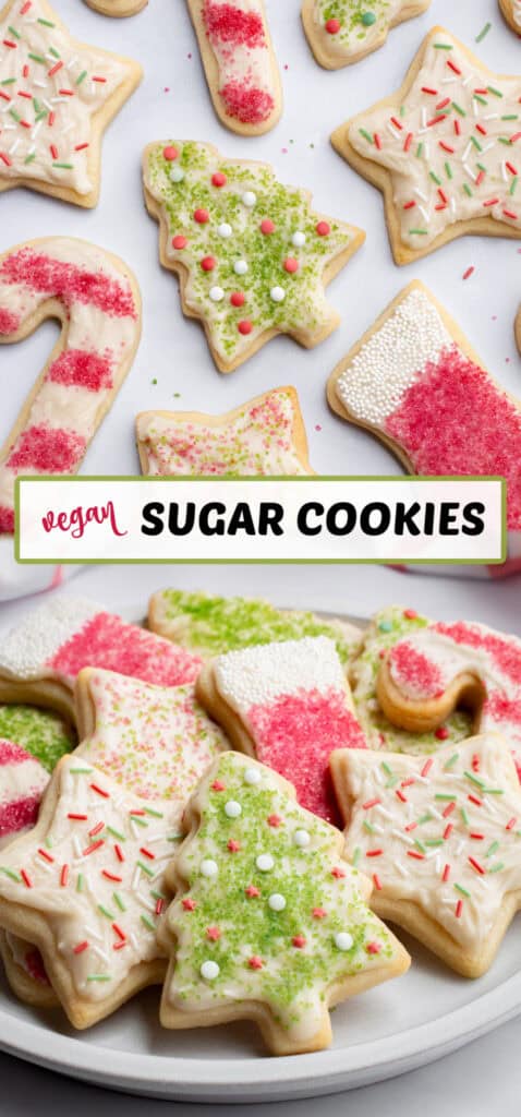 Vegan sugar cookies cut into Christmas shapes and decorated with buttercream frosting and colored sprinkles.