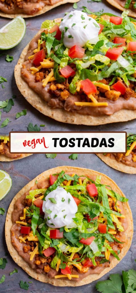 Crispy corn tortillas topped with refried beans, tofu meat, vegan cheese, shredded lettuce, diced tomatoes, and a dollop of dairy-free sour cream.