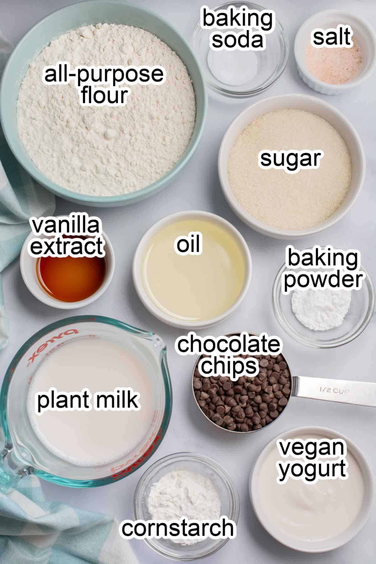 Ingredients for vegan chocolate chip muffin batter.