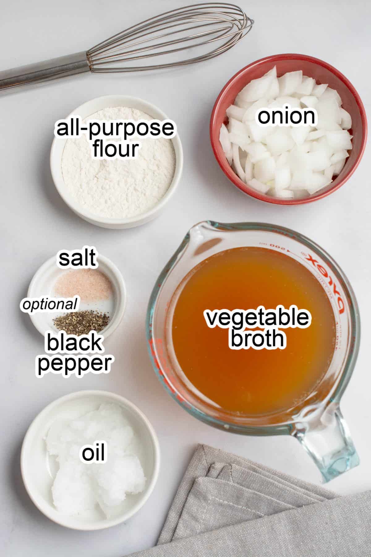 Separate bowls with diced onion, flour, salt, black pepper, oil, and vegetable broth.