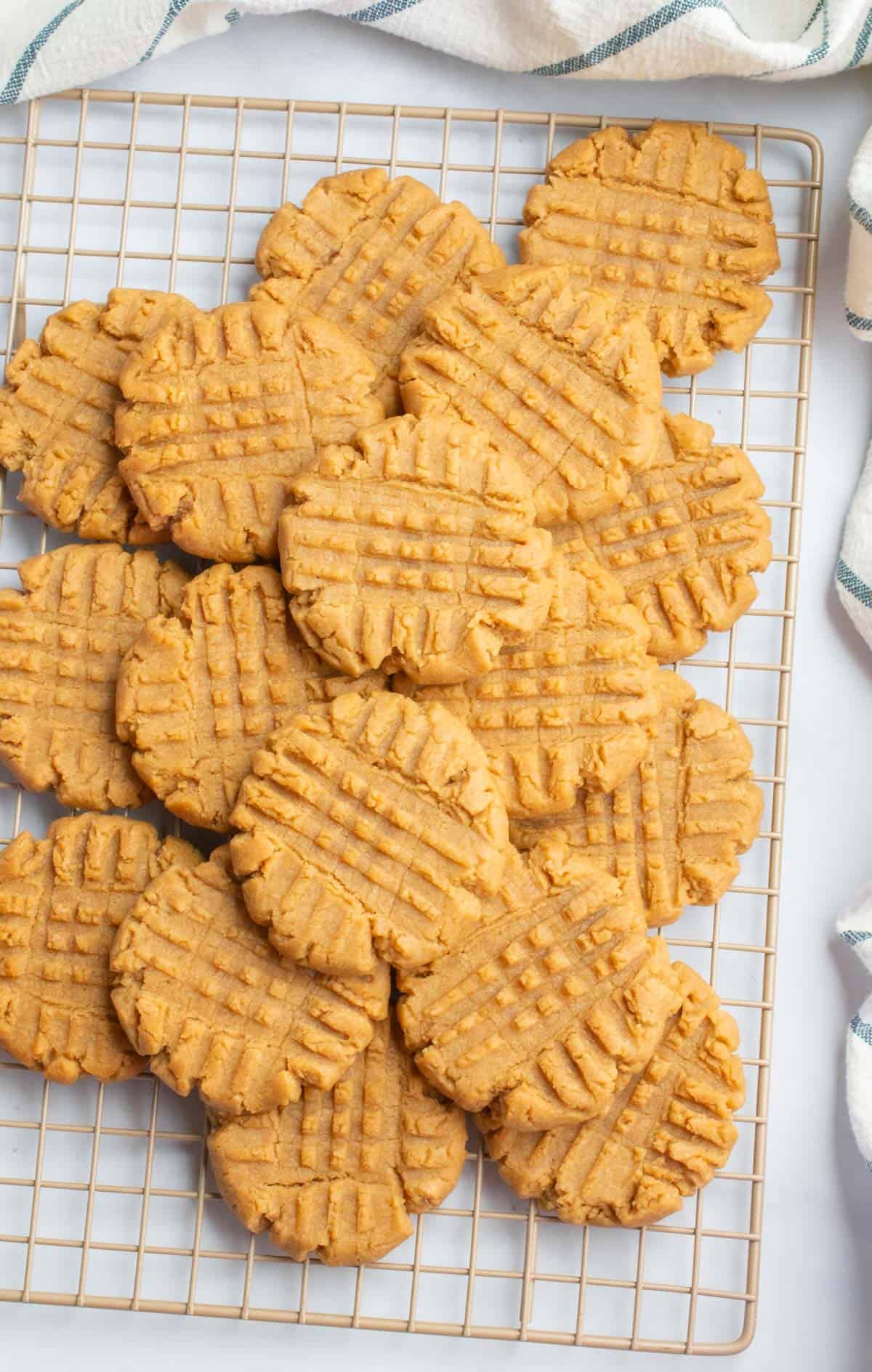 Vegan peanut butter cookies stacked.