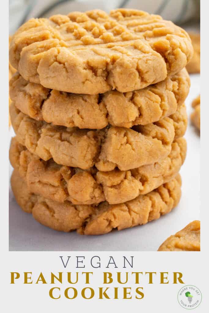 A stack of six vegan peanut butter cookies with the text "vegan peanut butter cookies."