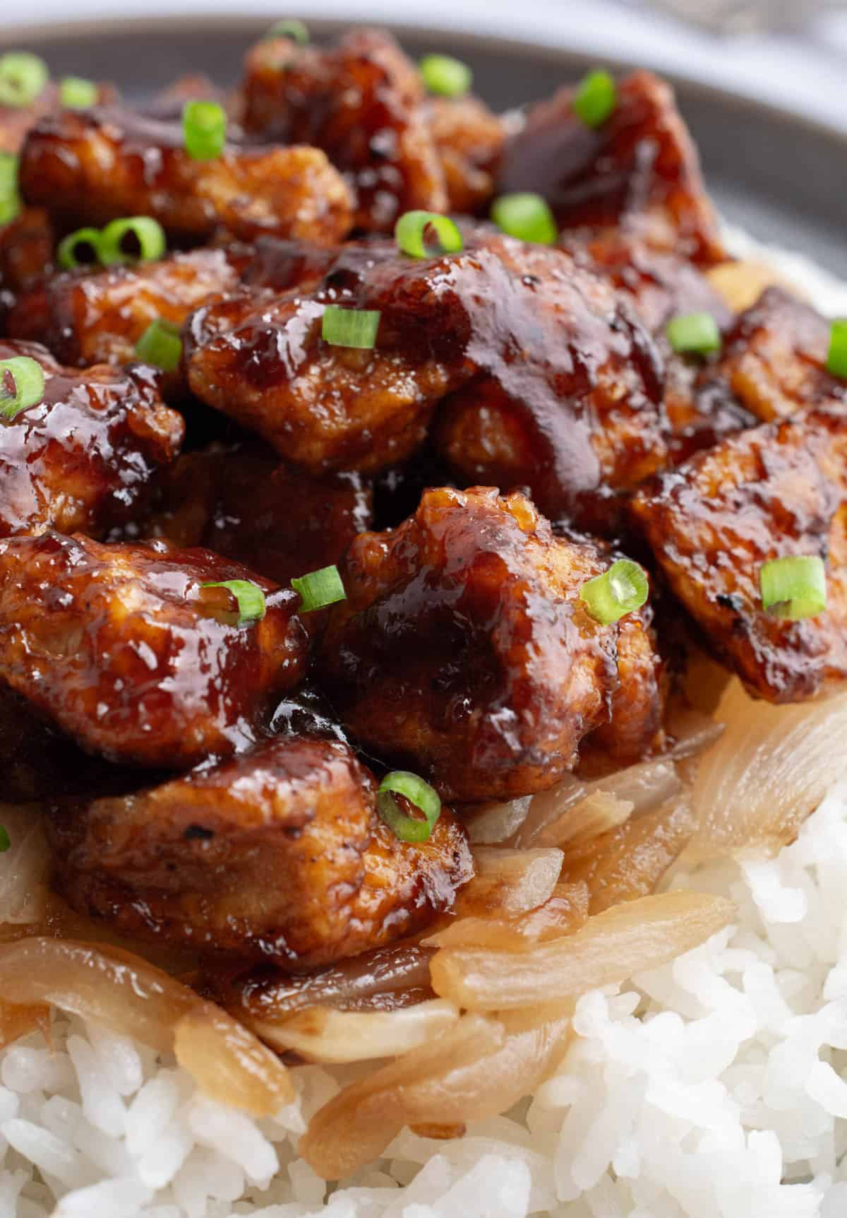 Baked BBQ tofu topped with green onions.