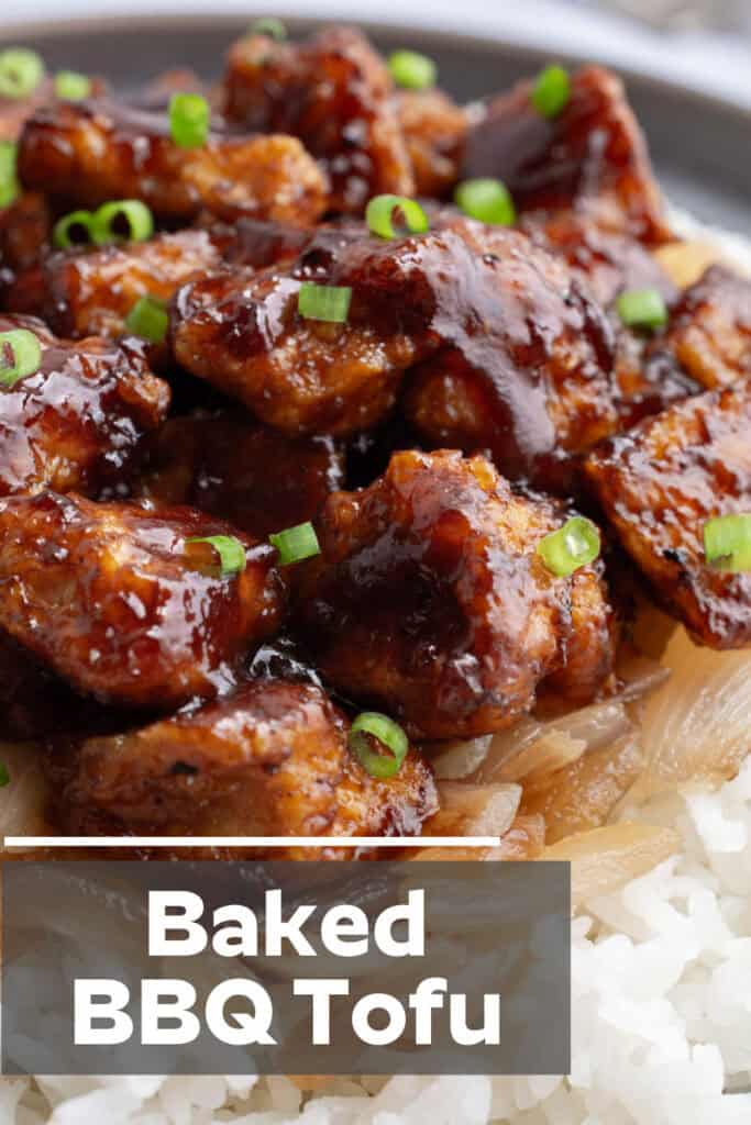 Tofu baked with bbq sauce and topped with green onions.