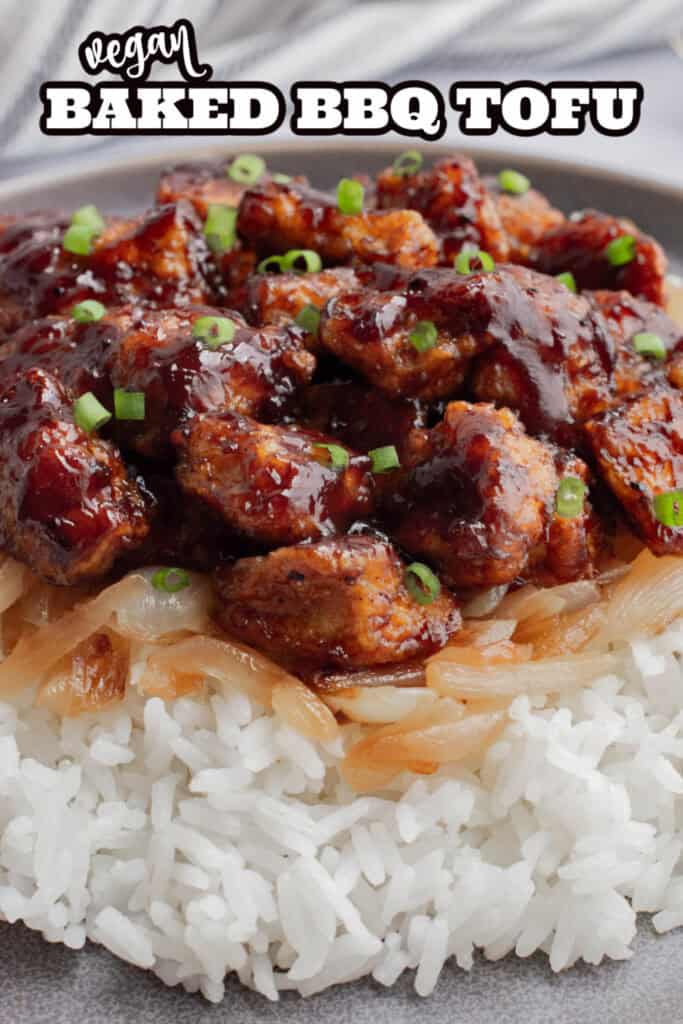 Baked BBQ tofu on jasmine rice and caramelized onions.