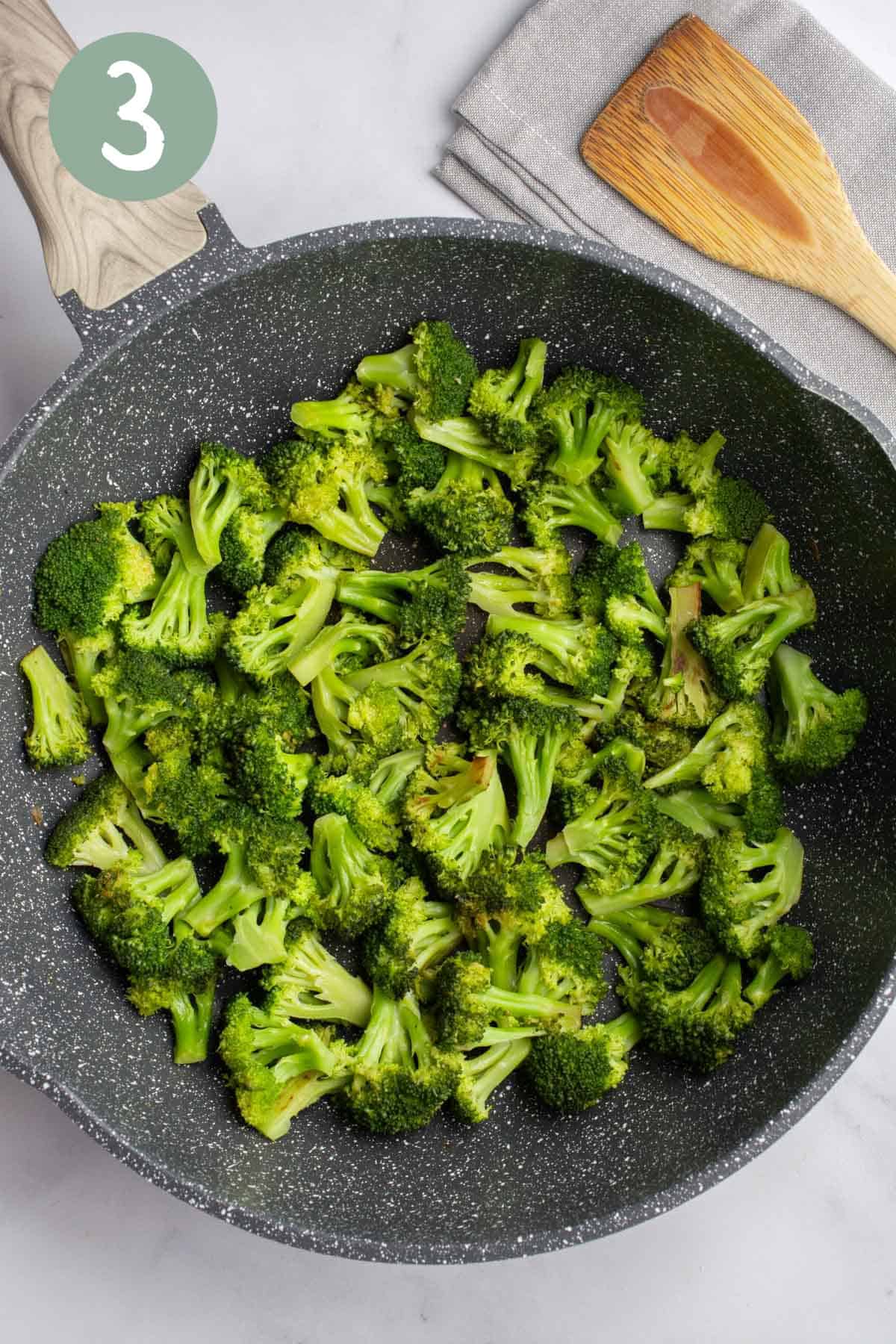 a pan of sautéed broccoli.